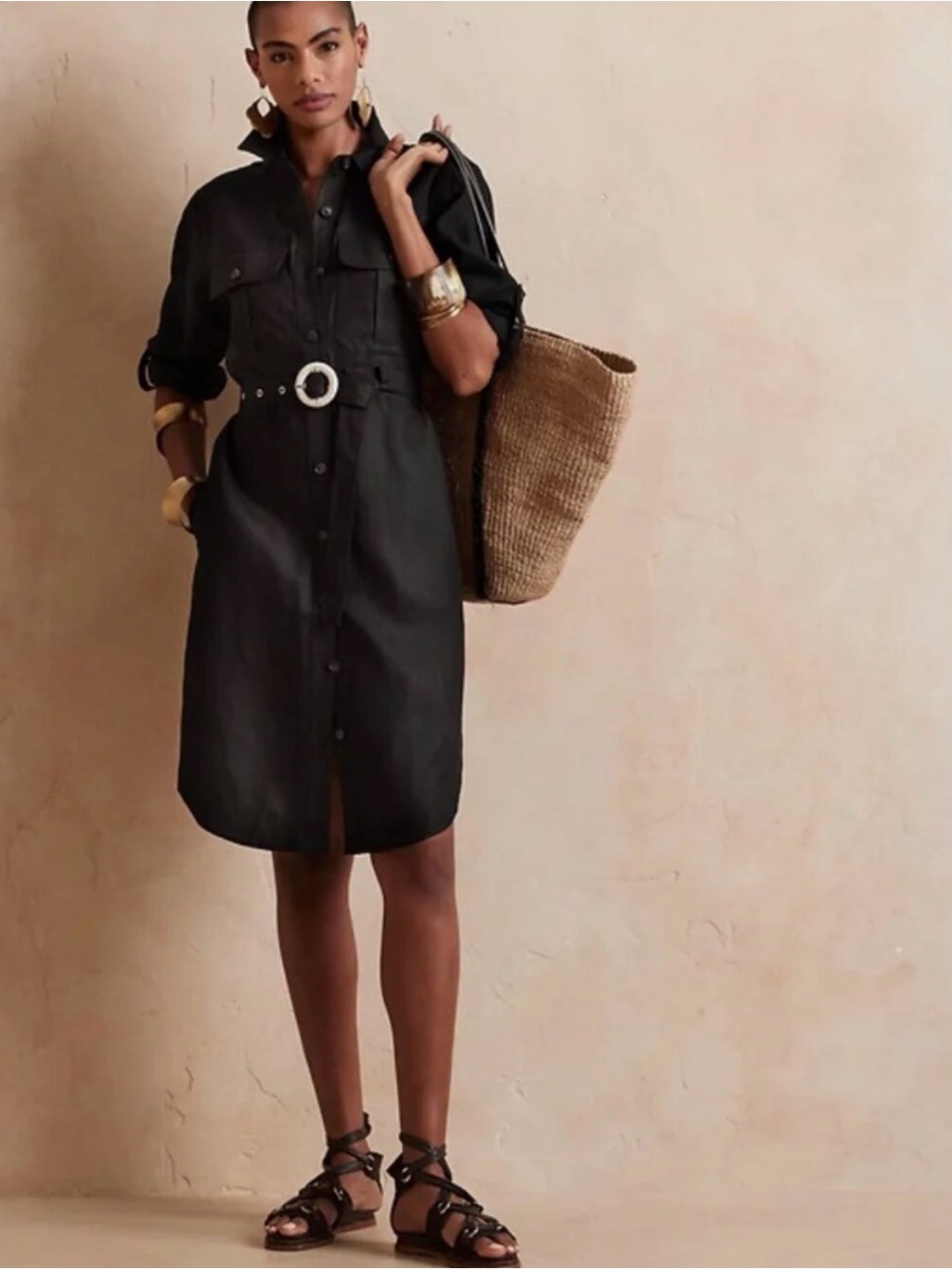 Banana Republic Black Linen Heritage Scout Dress Large Tall